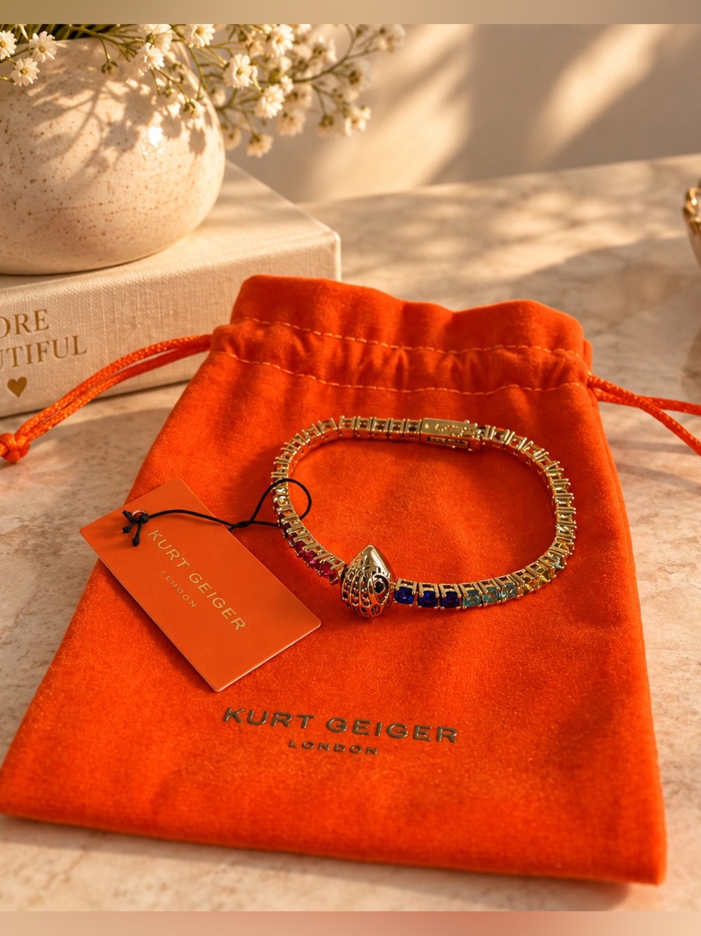 Kurt Geiger Gold Multi-Color Crystal Tennis Bracelet with Eagle Head